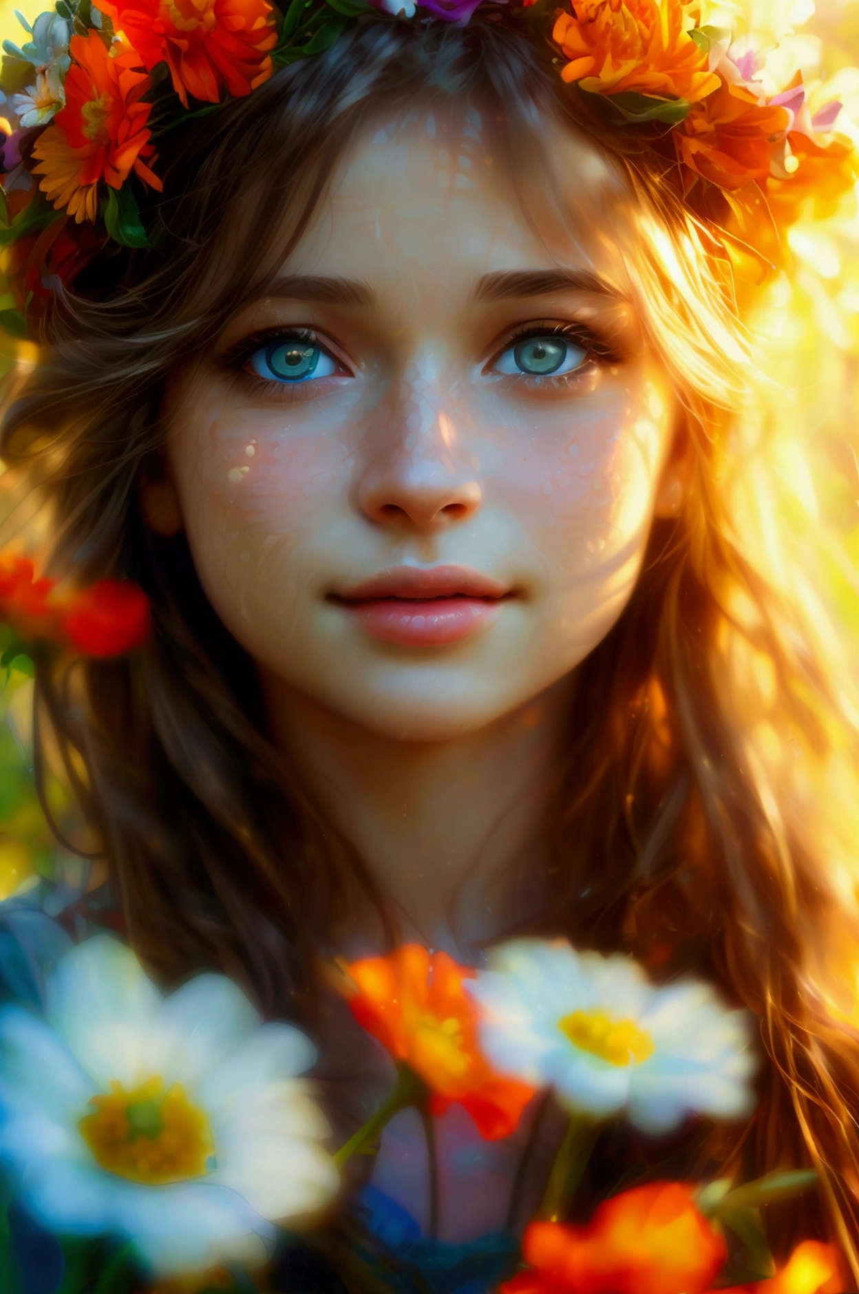 a happy girl in a sunny garden, beautiful detailed eyes, beautiful detailed lips, extremely detailed eyes and face, long eyelashes, smiling, cheerful expression, flowing hair, colorful flowers, lush greenery, warm sunlight, golden hour, vibrant colors, photorealistic, 8k, highly detailed, (best quality,4k,8k,highres,masterpiece:1.2),ultra-detailed,(realistic,photorealistic,photo-realistic:1.37),intricate details,professional lighting,vivid colors,cinematic composition