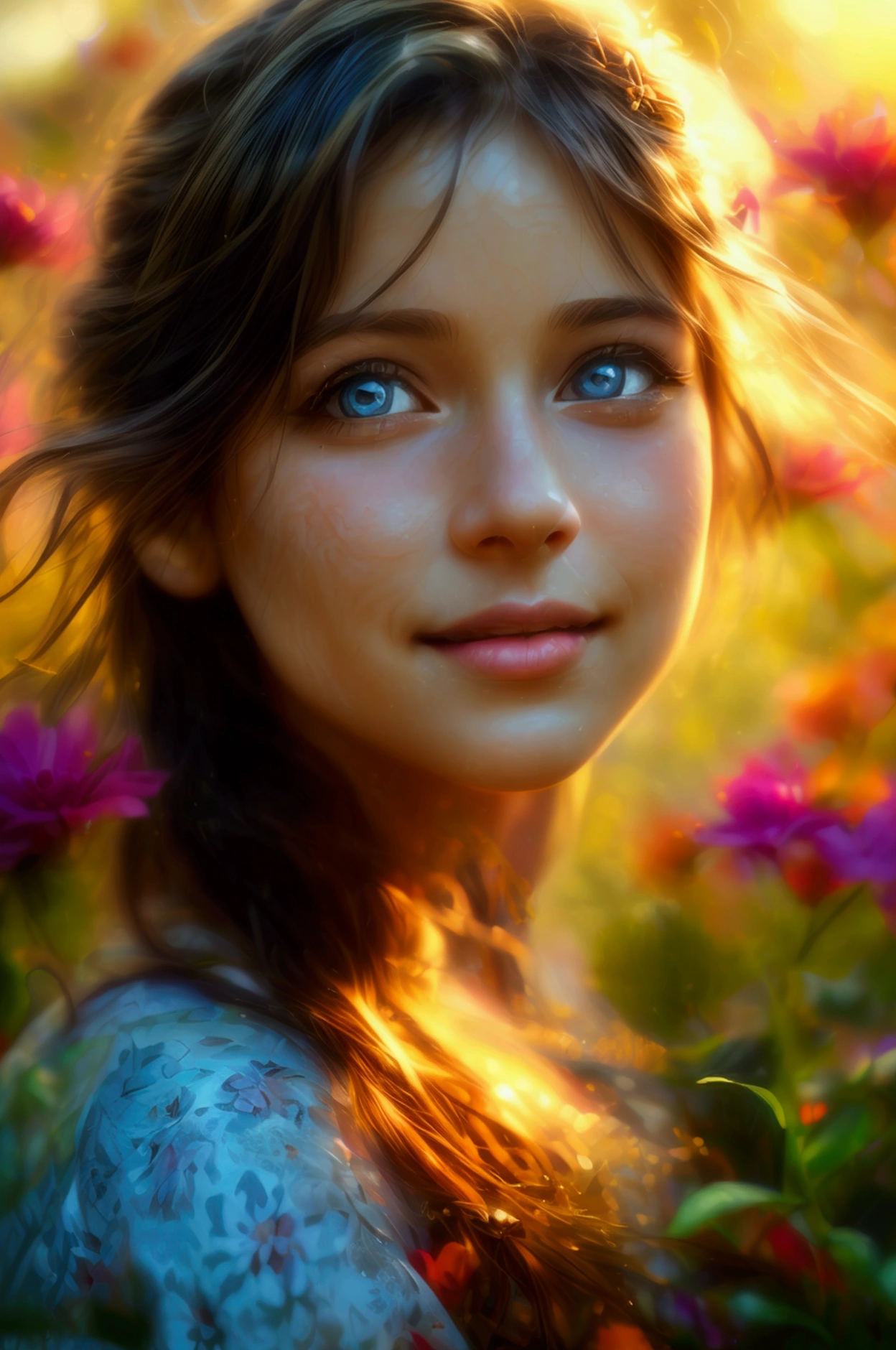 a happy girl in a sunny garden, beautiful detailed eyes, beautiful detailed lips, extremely detailed eyes and face, long eyelashes, smiling, cheerful expression, flowing hair, colorful flowers, lush greenery, warm sunlight, golden hour, vibrant colors, photorealistic, 8k, highly detailed, (best quality,4k,8k,highres,masterpiece:1.2),ultra-detailed,(realistic,photorealistic,photo-realistic:1.37),intricate details,professional lighting,vivid colors,cinematic composition