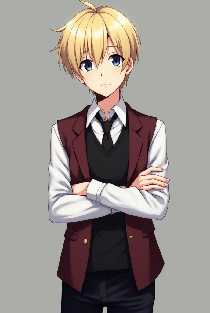 More mature anime style image. A gray background image. Teenager with arms crossed and a serious expression. His blond hair was neat, his eyes were dark blue. He wore school clothes: a white dress shirt, no tie, a black vest and a dark red blazer, black pants.
