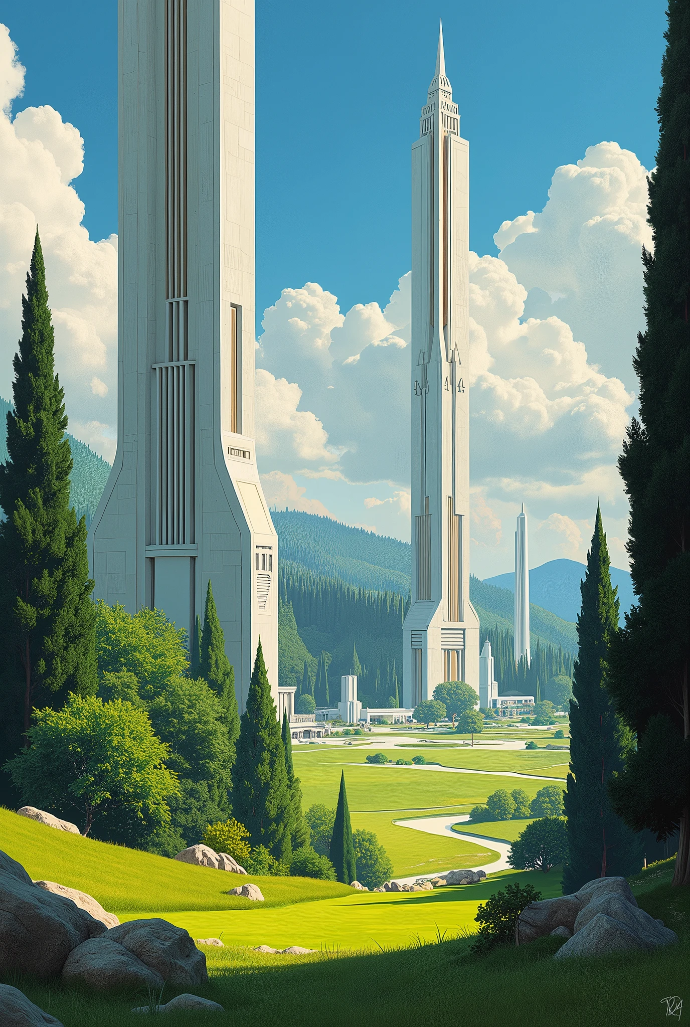 estilo Ralph McQuarrie, greek architecture done in a sci-fi style on a lindo forest and meadow scene with tall buildings and open green spaces, pintura a óleo, lindo, Altamente detalhado