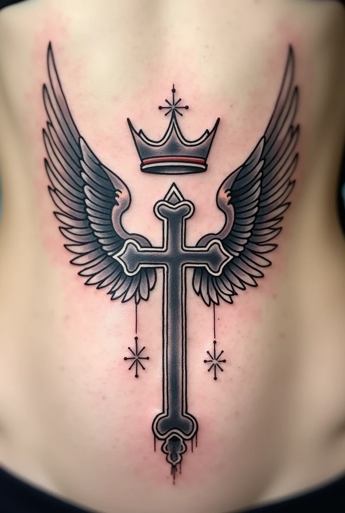 Cross with a crown and wings for a simple tattoo on the abdomen