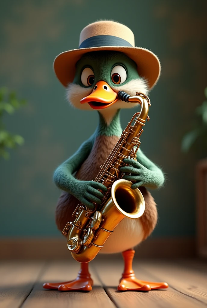 Realistic looking male duck with an animated twist, with hat playing alto saxophone