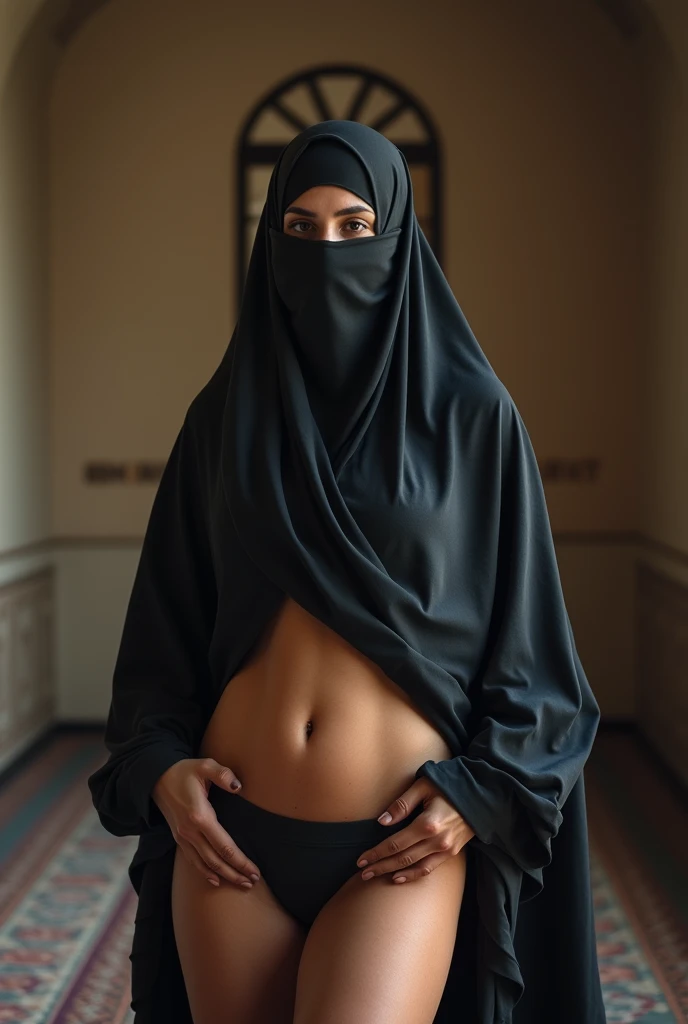 Muslim woman wearing a niqab. Completely naked, only covering her face. Her breasts are prominent and large. Her pussy is inflated and shaved clean. She looks as if she is blaspheming the gods. She is not satisfied with Islam. She mocks it while she is naked. In the mosque. Islam Mosque.. Thighs open.