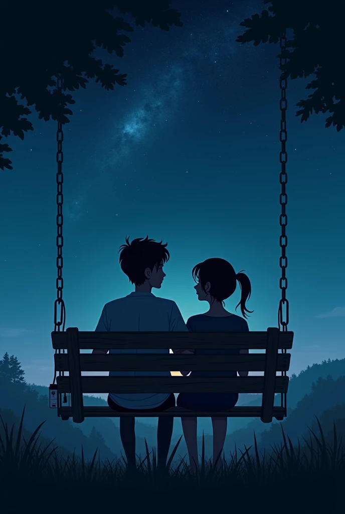 A couple sitting on a swing on a hill at night watching the big bright stars, Next to the girl is an oxygen pump and the tubes from that oxygen pump go to her nose.