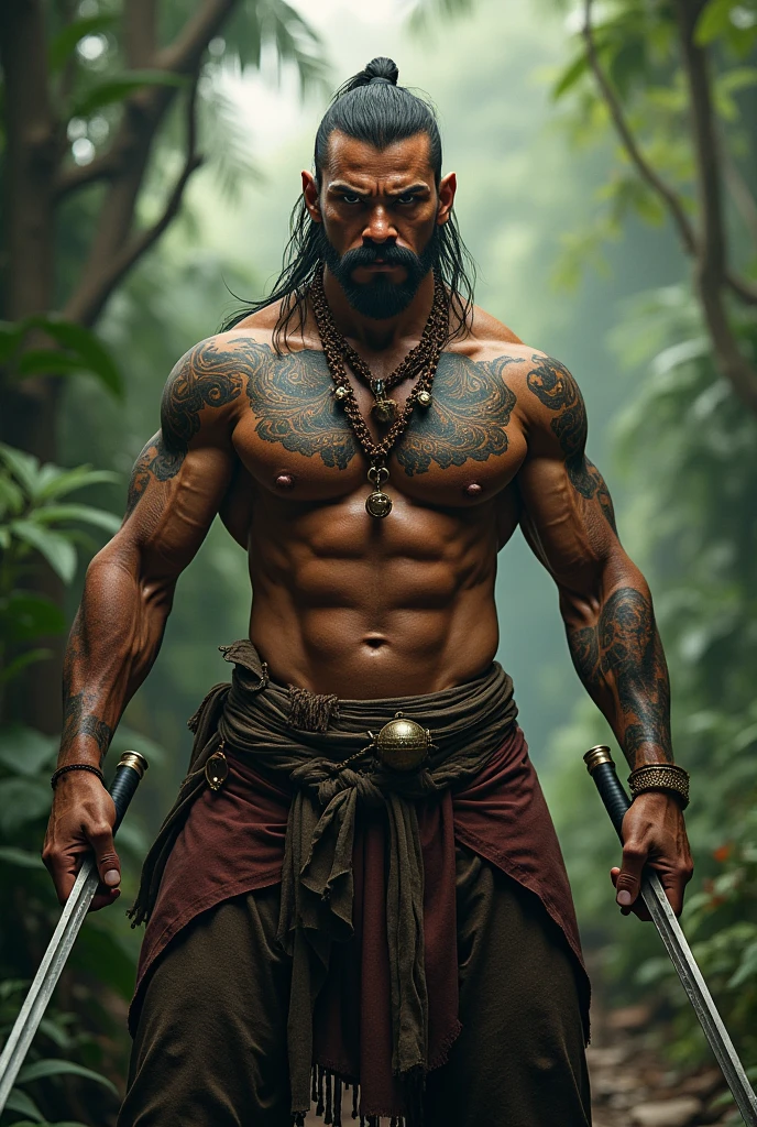 Ancient Thai soldier with mustache and fangs, shirtless, holding a pair of swords 