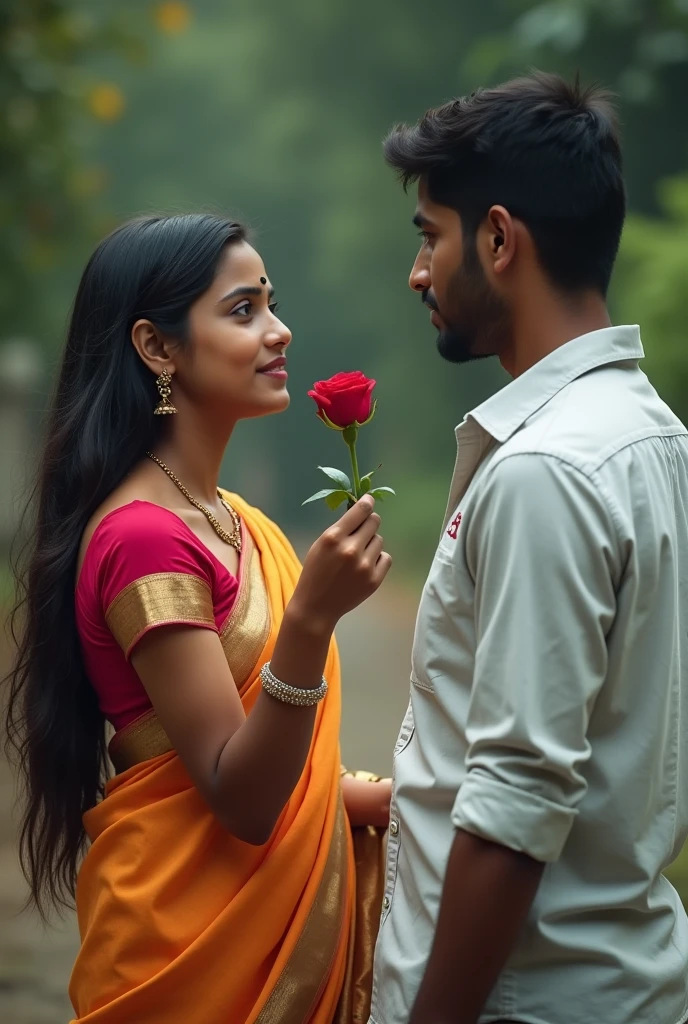 Beautiful girl wearing saree, proposing a boy with rose, he rejecting the proposal, he waer a tie shirt in the Shirt he's name was showed large front and it was Sayem. Take this shot from back
