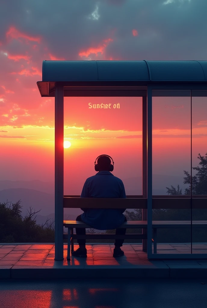 A music album cover written Sunset on glass with A man with headphones sitting on a glass bus stop at sunset with a wide view