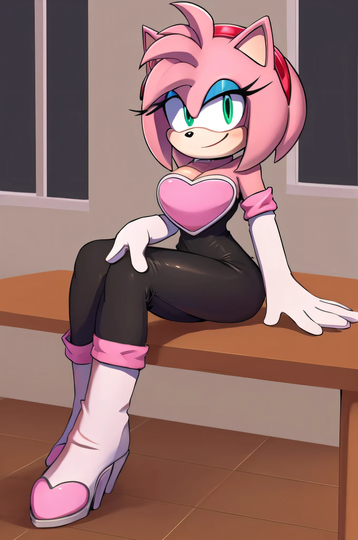 score_9, score_8_up, 2D, flat color, looking at viewer, (1girl), (solo), very detailed, extremely detailed, Amy Rose from the sonic the hedgehog series, portrait, smile, looking at viewers, hair down, hair bangs, large bust, milf, Rouge cosplay, cosplay, Rouge outfit, she wears a black skin-tight and strapless low-cut jumpsuit, a pink heart-shaped chest plate outlined with thin white trim, elbow-length white gloves and thigh-high high-heeled boots with pink cuffs to match them, with the latter featuring both gray soles and heels, along with steel toes in the appearance of pink hearts, matching her jumpsuit's chest plate, sitting on a table, legs crossed, indoor classroom, a window of a nice sunny day