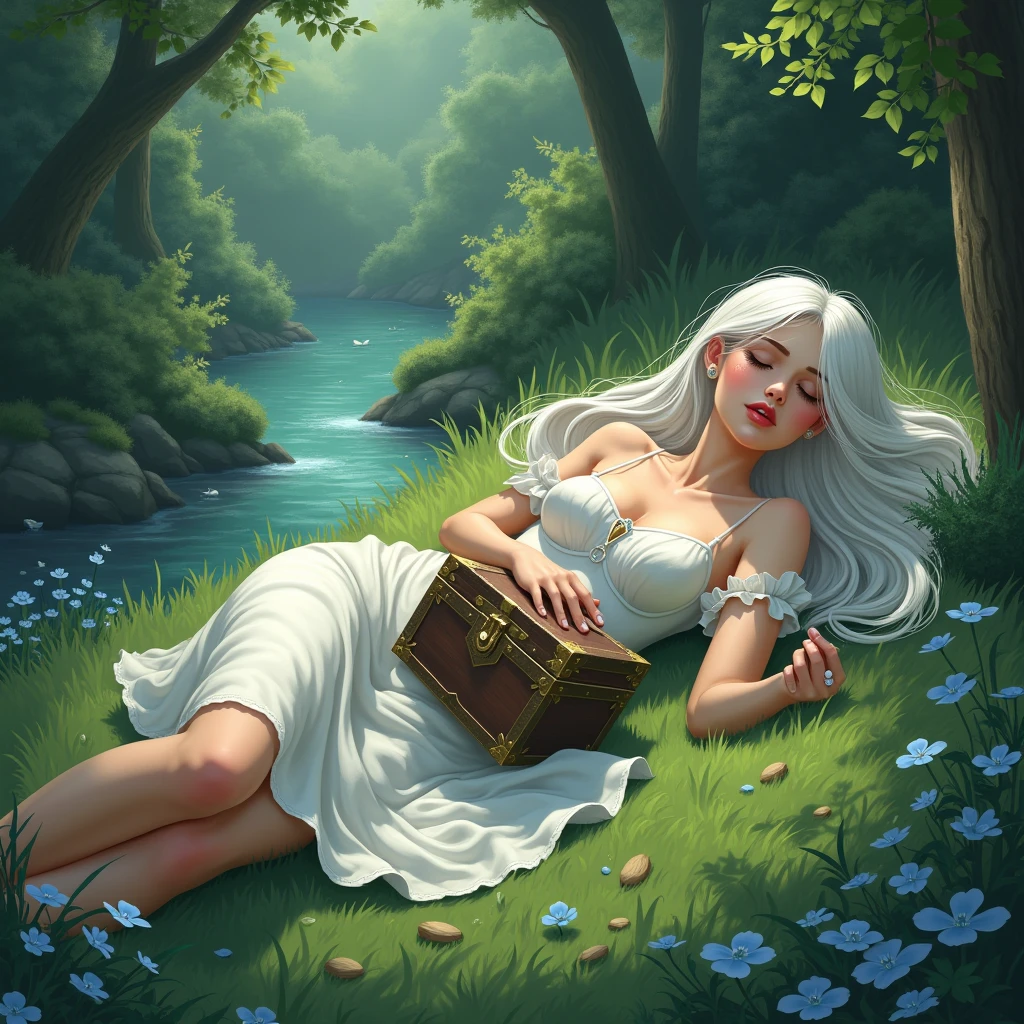 A woman with long white hair,she will wear a white cotton dress and wet,She will be lying on the grass of an enchanted garden and there will be a magical river near her.,I want a kind of secret garden vibe and it&#39;s kind of sad,I want the climate closed like an air of sadness,I want her holding a chest of secrets,She will have her eyes closed and a tear coming out of one of her eyes