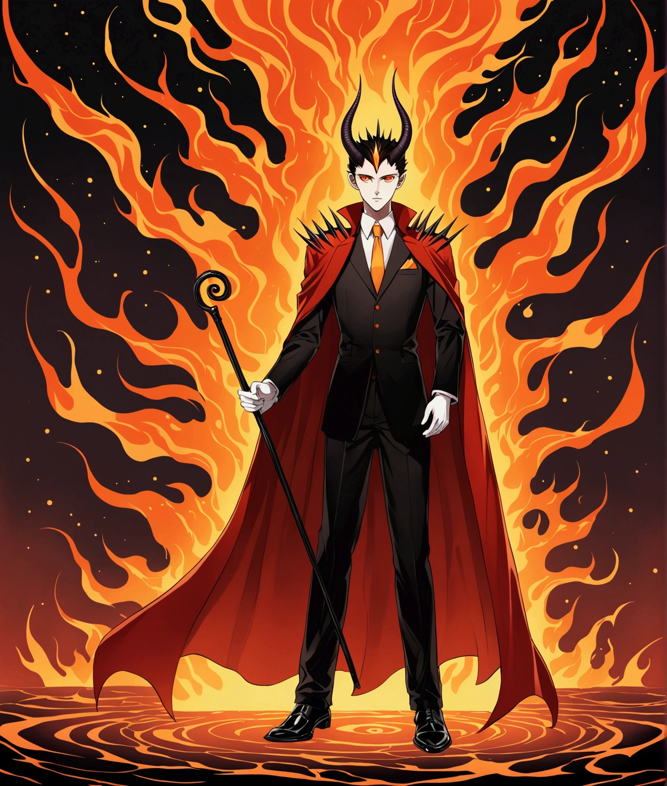 (Manga style drawing) Man surrounded by a dark aura, medium horns on his head, red cape with two medium spikes on each shoulder and flames at the bottom of it, fine and elegant red suit with orange gradients and a button in the shape of an eye in the center in yellow and red, black dress shoes, cane with an eye on the top,short orange hair,Full body, Black eyes with orange pupils and a combination with purple,perfect without errors