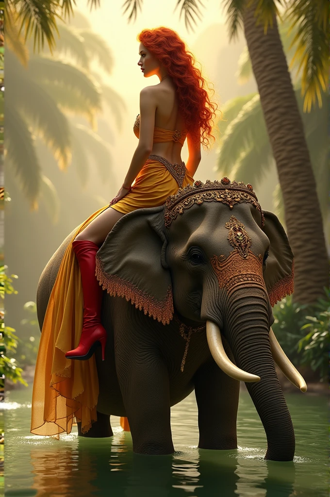 beautiful redhead woman in gold dress with red boots light on her body ,riding an elephant in an oasis