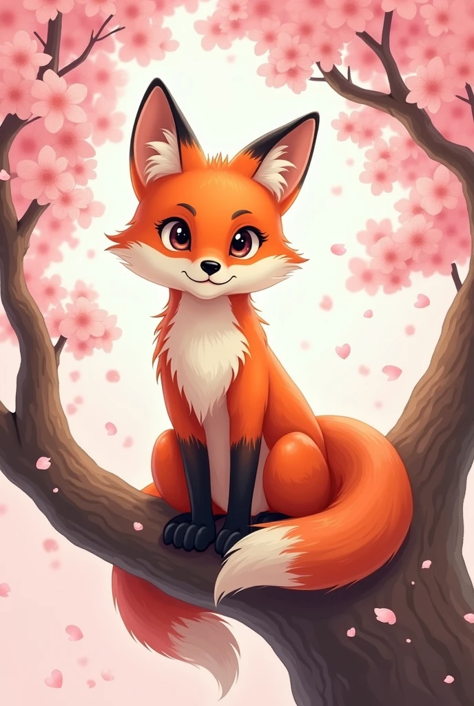 Fox sitting on a sakura tree but make it easy to draw on a canvas, but still give the nice texture for the tree