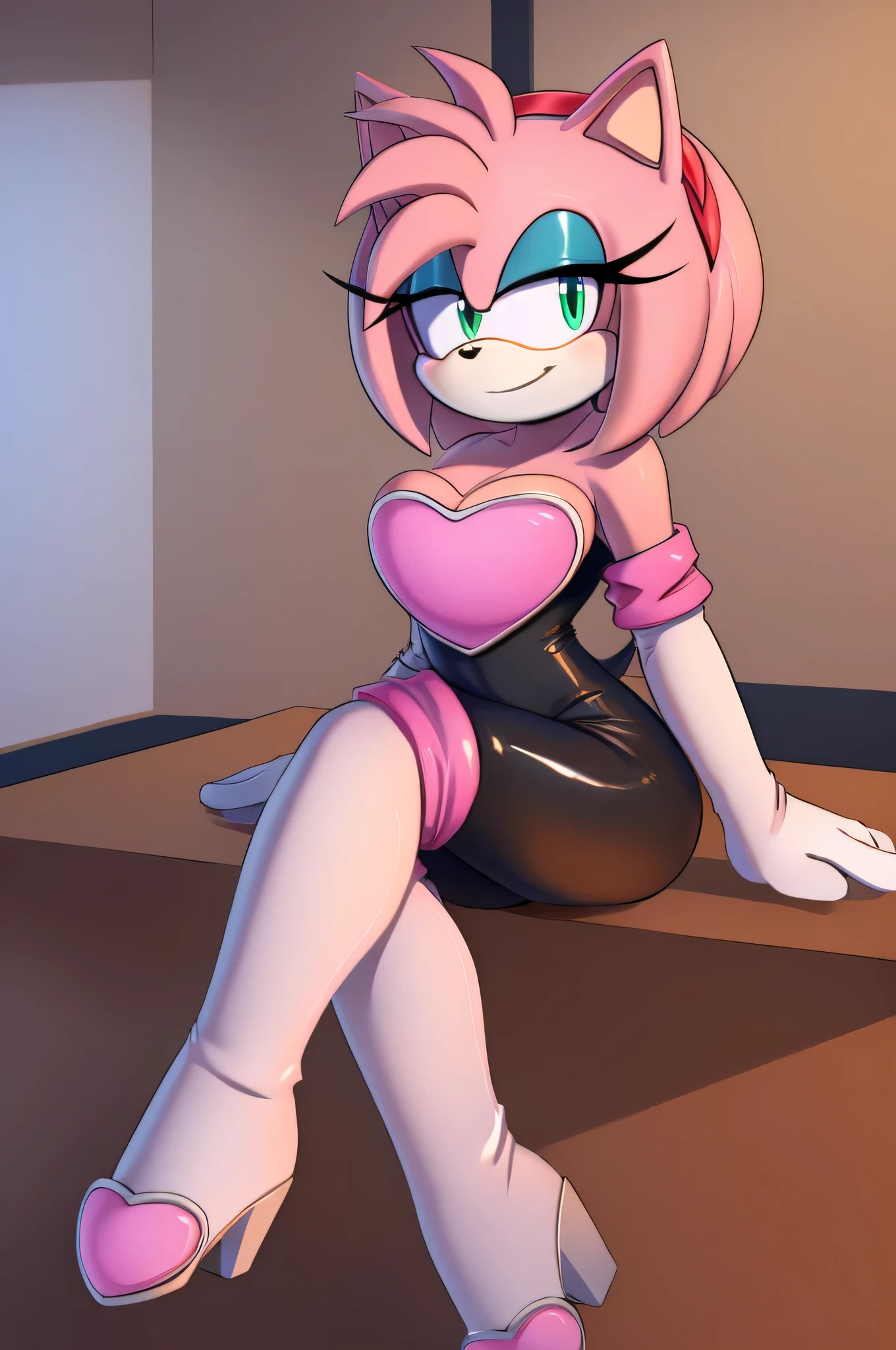 score_9, score_8_up, 2D, flat color, looking at viewer, (1girl), (solo), very detailed, extremely detailed, Amy Rose from the sonic the hedgehog series, portrait, smile, looking at viewers, hair down, hair bangs, large bust, milf, Rouge cosplay, cosplay, Rouge outfit, she wears a black skin-tight and strapless low-cut jumpsuit, a pink heart-shaped chest plate outlined with thin white trim, elbow-length white gloves and thigh-high high-heeled boots with pink cuffs to match them, with the latter featuring both gray soles and heels, along with steel toes in the appearance of pink hearts, matching her jumpsuit's chest plate, sitting on a table, legs crossed, indoor classroom, a window of a nice sunny day