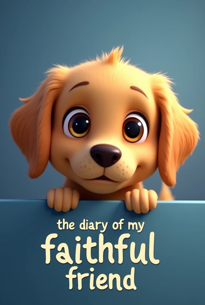 Animated image of cute golden retriever face with title in Spanish "The diary of my faithful friend"  with elegant and stylish font and blue gradient background 