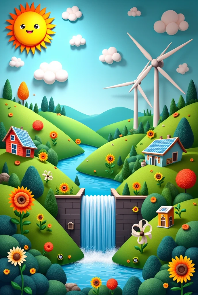 Create a decorated space for a school project on the theme of Renewable Energy for a wall background
