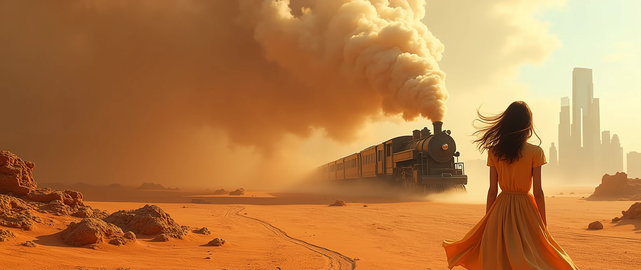 ((RAW photo), (masterpiece, best quality), (a steam train crosses a large ochre flat desert, next to a city with glass skyscrapers), a huge sandstorm approaches, ((impact photo in progress, a few meters before hitting the city but covering part of the train)), (hyperrealism, cinematic lighting), (((Cinematic shots: long general shot))), view from the back of a girl in a simple, short dress moving in the wind