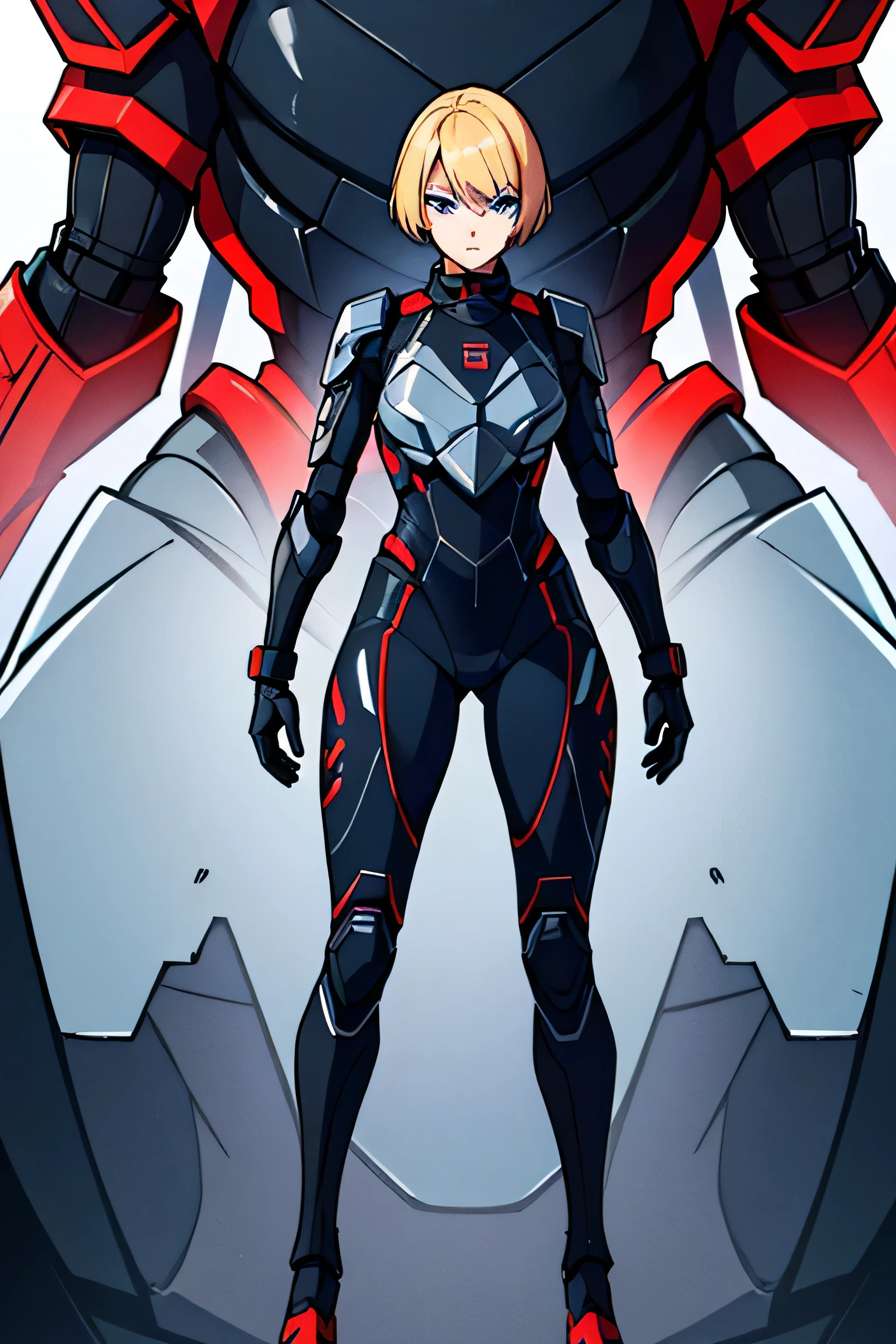 digital illustration of a young woman of 18 years old, she is very tall 1.81 height, with super short blonde hair in men style and blue intense eyes. She is wearing a technological military suit armor in full black and red details. The suit style is clean and detailed, with a focus on the character's confident and composed expression. full body large image