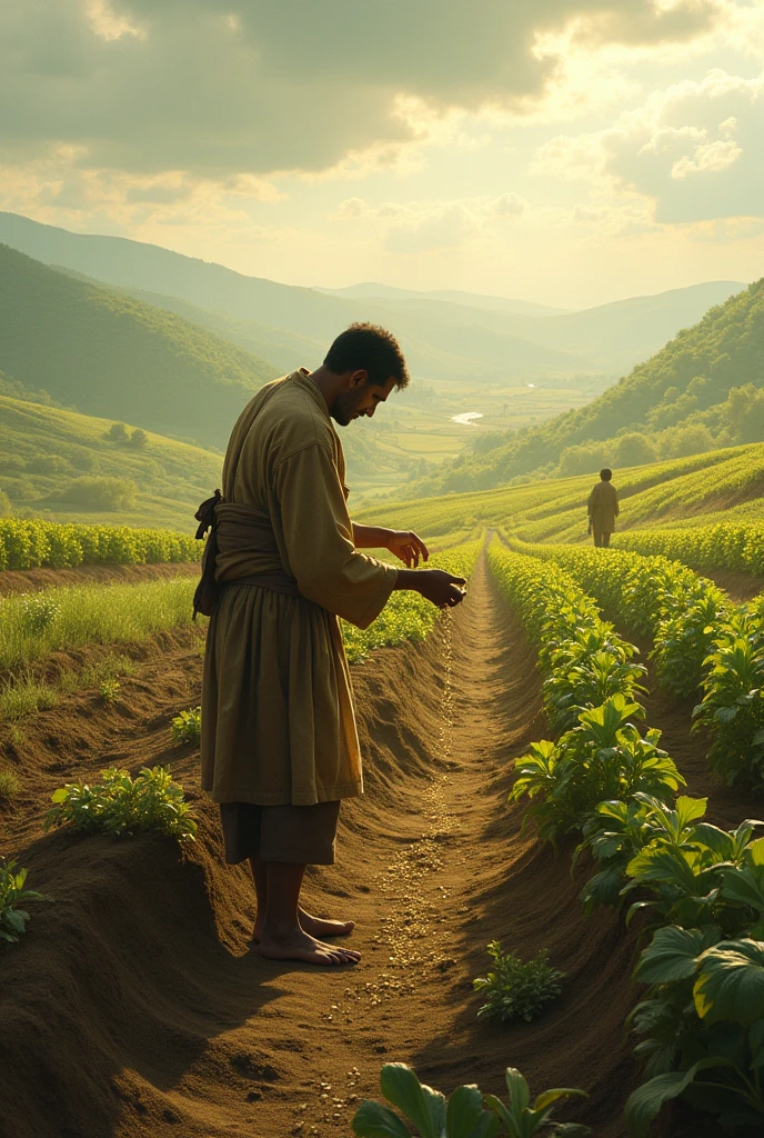 A sower spreading seeds on different fields, with a plant growing strong in good soil.