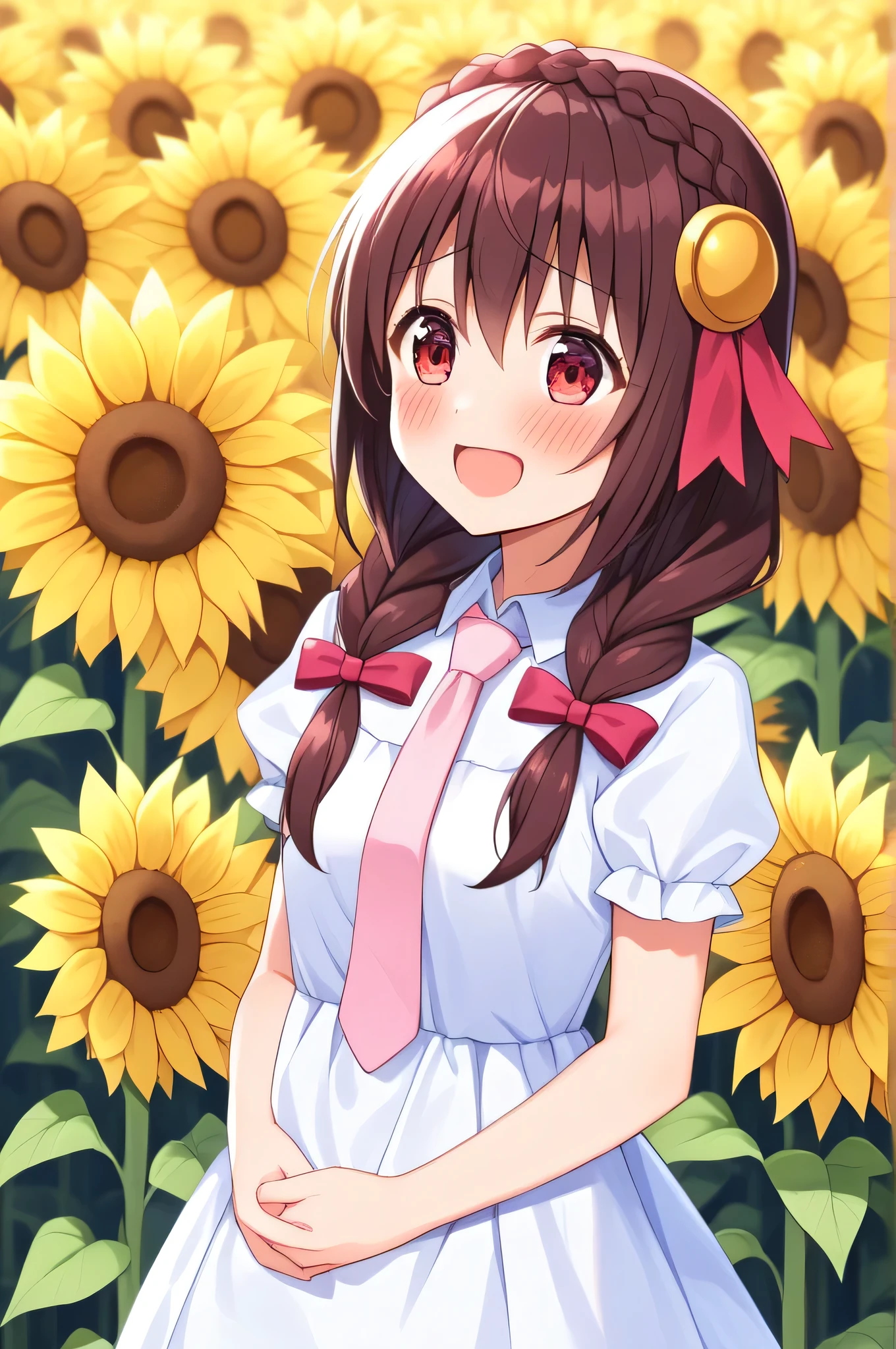 alone, One person, Yunyun, ♥、 (blush:1.5)、Crown braids of the same color as your hair、hair ornaments, Hair Ribbon, Pink tie, White dress, Sunflower field in the background、A very happy look、Standing、I'm in tears