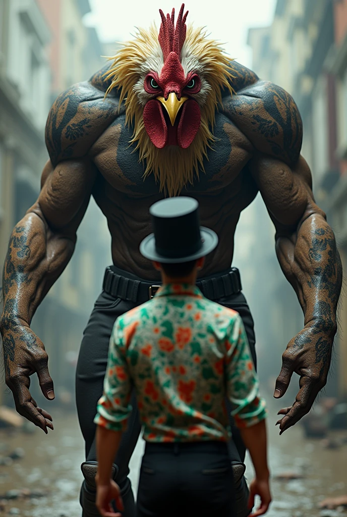 strong and avenging rooster on a human body wearing a black and white blouse staring at a man who is wearing a top hat and wearing a green red and white blouse