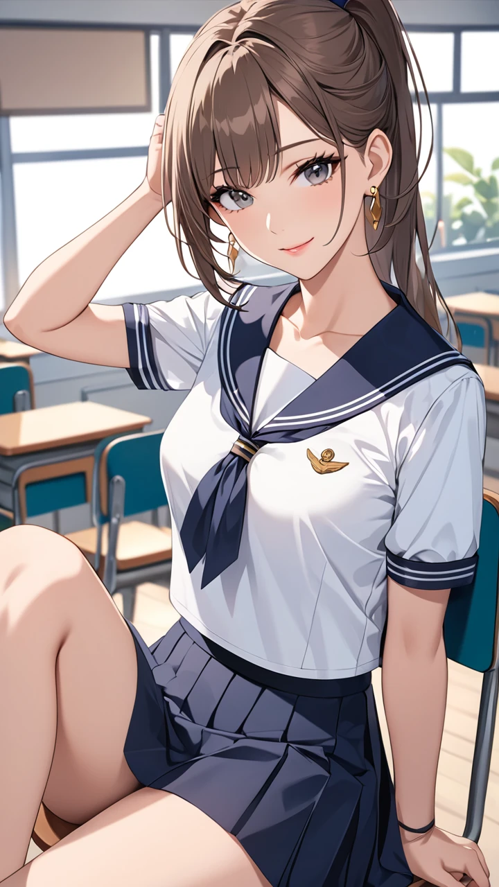 Highest quality masterpiece High resolution masterpiece Brown Bob Grey Eyes, high pony tail cut, wearing sailor uniform, seductive smile, tight, sit on chair, classroom, mature female, adjusting hair, earrings,