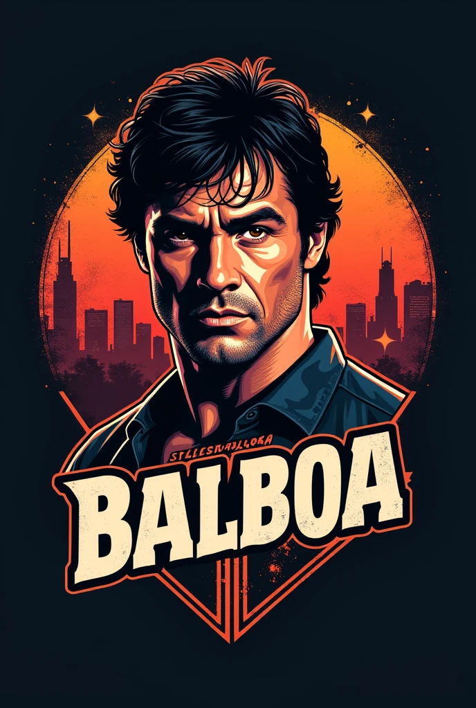 make a logo with Silvester Stallone 80s men's fashion style for my store called "BALBOA" wear it with a Rocky 3 movie aesthetic hat