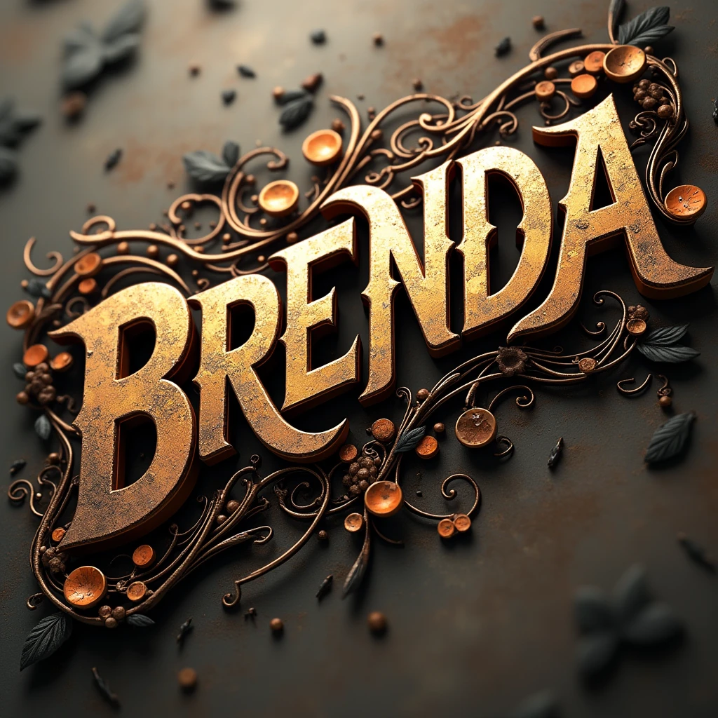 "BRENDA" text logo, correct text, capital text, artistic text, organized text, extreme detail, 8k, masterpiece artworks, abstract arts, chauvinist theme, musical theme background