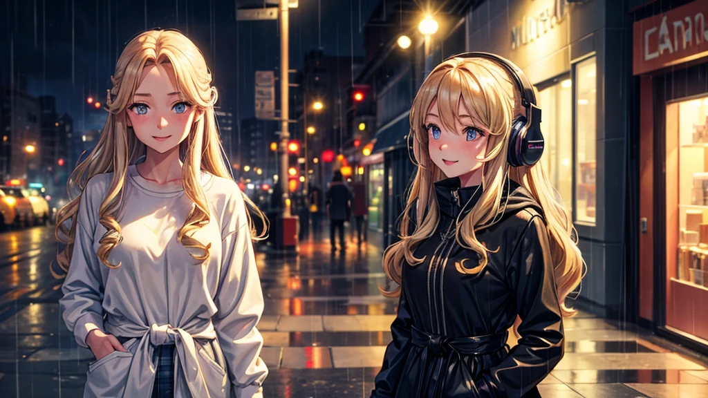 A 22-year-old girl with long blonde hair and a  with long dark blonde hair stroll through the rainy streets of Seattle, their extroverted smiles and radiant honey eyes embodying youthful joy. The older girl's wavy hair cascades to her waist, glowing in the night’s natural light, while both wear rainy-day clothes. Their bright eyes and slightly parted lips reveal surprise at the Seattle scenery, highlighting the innocence of their youth. On their heads, two glowing headphones reflect their lofi style.