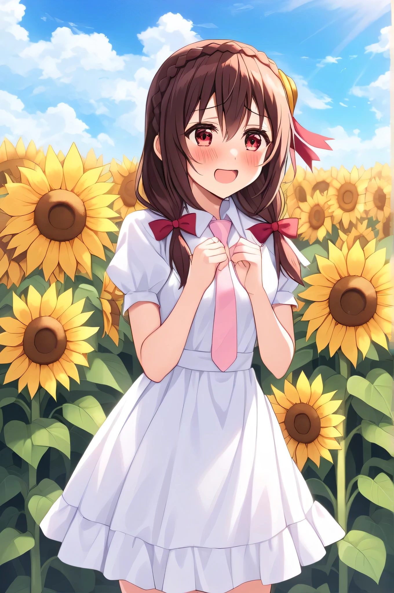 alone, One person, Yunyun, ♥、 (blush:1.5)、Crown braids of the same color as your hair、hair ornaments, Hair Ribbon, Pink tie, White dress, Sunflower field in the background、A very happy look、Standing、I'm in tears