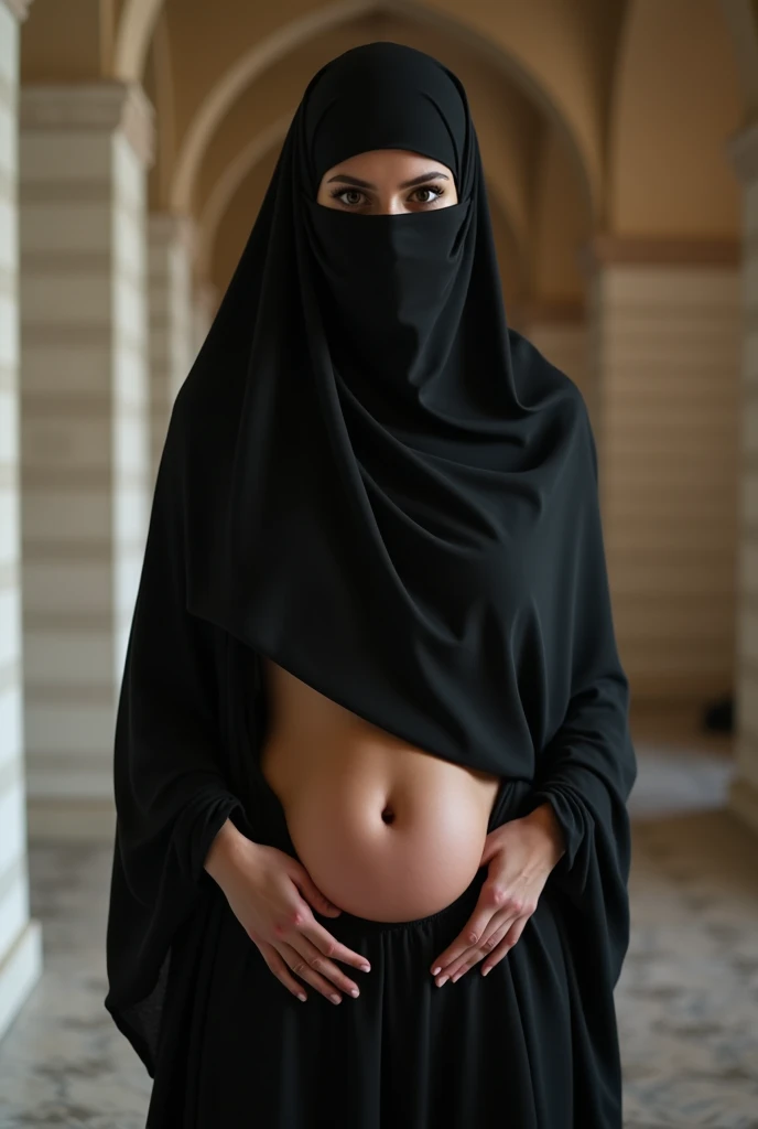 Muslim woman wearing a niqab. Completely naked, only covering her face. Her breasts are prominent and large. Her pussy is inflated and shaved clean. She looks as if she is blaspheming the gods. She is not satisfied with Islam. She mocks it while she is naked. In the mosque. Islam Mosque.. Thighs open.