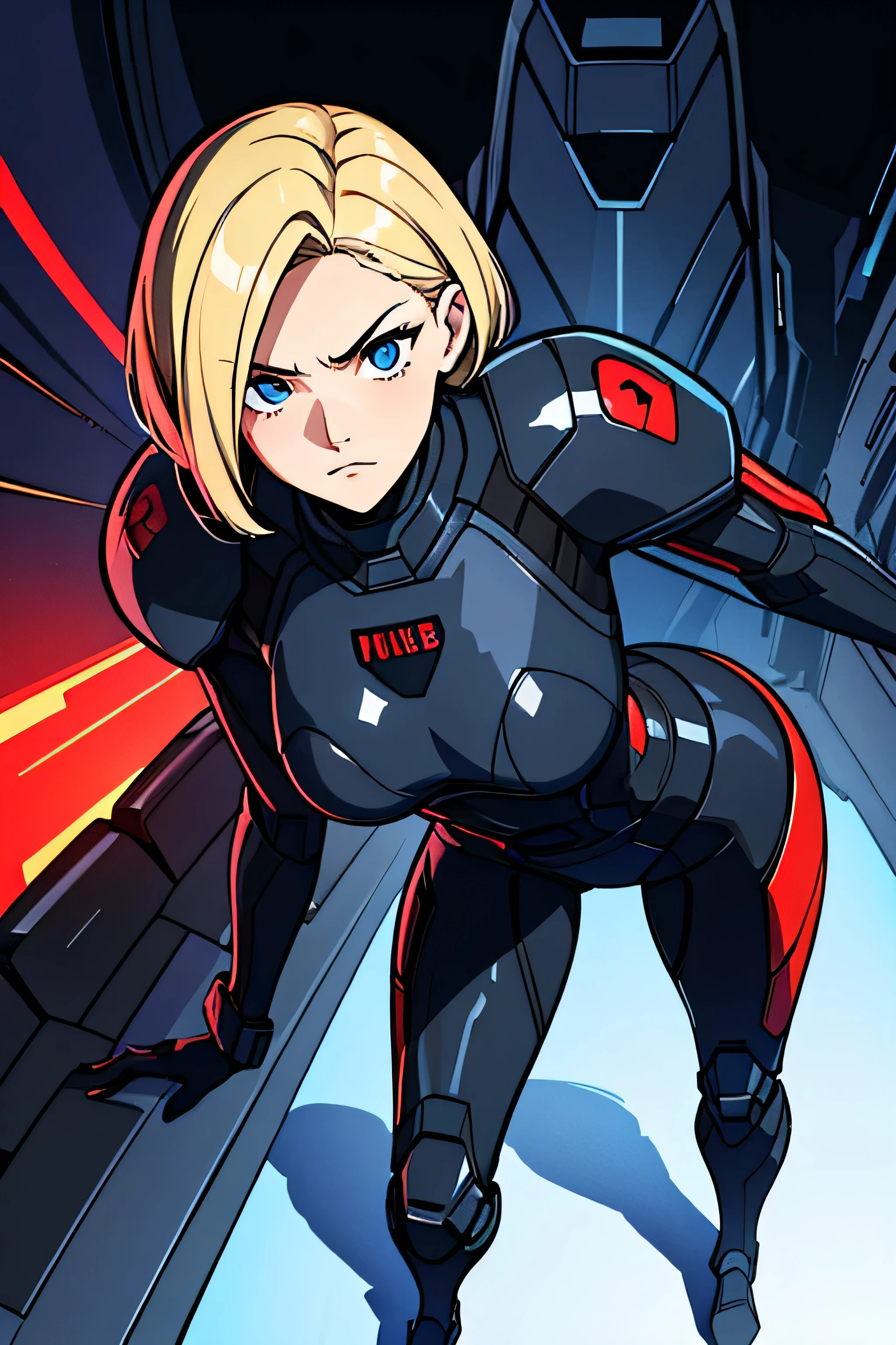 digital illustration of a young woman of 18 years old, she is very tall 1.81 height, with super short blonde hair in men style and blue intense eyes. She is wearing a technological military suit armor in full black and red details. The suit style is clean and detailed, with a focus on the character's confident and composed expression. full body large image