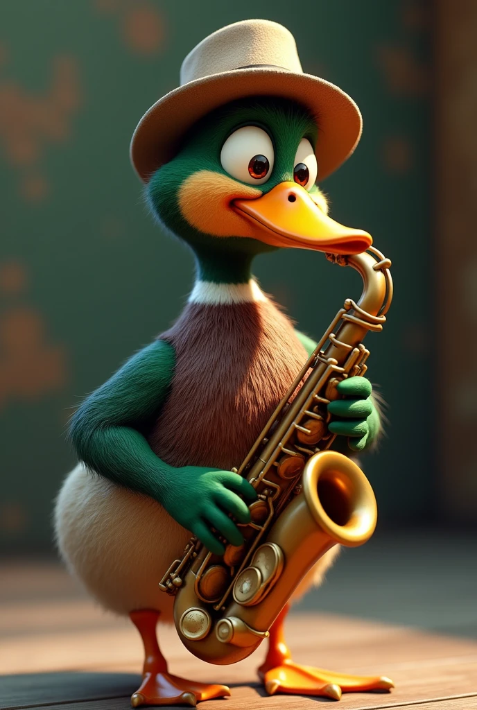 Realistic looking male duck with an animated twist, with hat playing alto saxophone 
