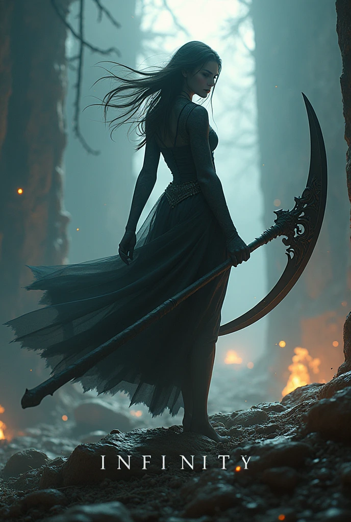 The words "INFINITY" written in large letters at the bottom of the screen, A boy wielding a huge scythe, a scythe larger than her body, ((masterpiece, highest quality, Highest image quality, High resolution, photorealistic, Raw photo, 8K)), ((Extremely detailed CG unified 8k wallpaper)), (huge stunning goddess shot, very dangerous and attitude, jaw-dropping beauty, perfect proportions, 6pack body, slim body beauty:1.4), A boy wielding a huge scythe, movie poster, (a huge scythe:1.5), 