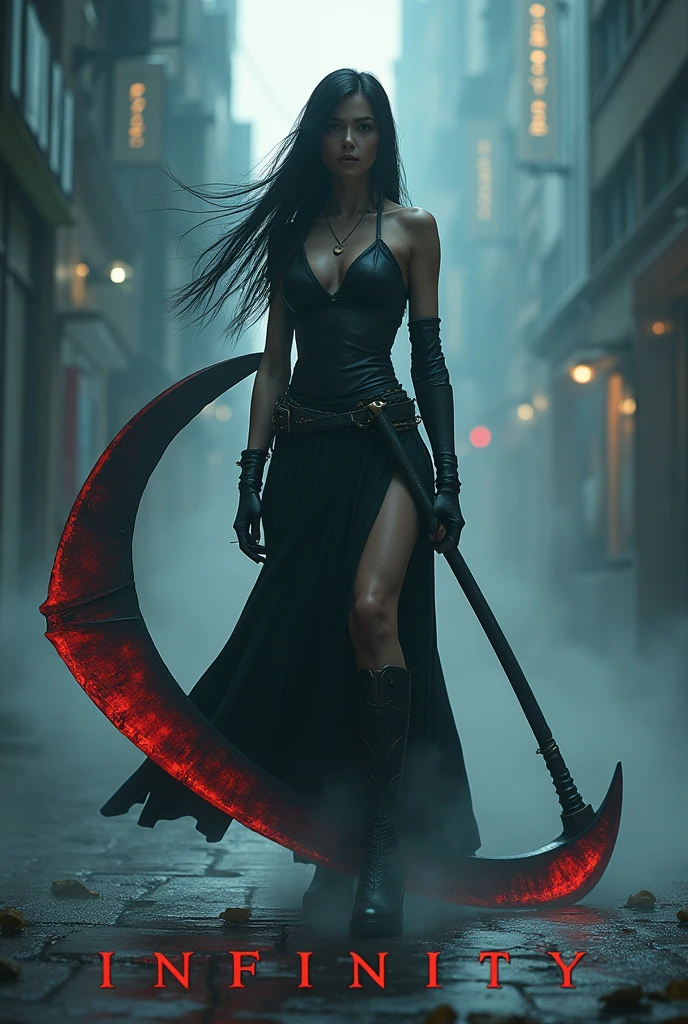 The words "INFINITY" written in large letters at the bottom of the screen, A boy wielding a huge scythe, a scythe larger than her body, ((masterpiece, highest quality, Highest image quality, High resolution, photorealistic, Raw photo, 8K)), ((Extremely detailed CG unified 8k wallpaper)), (huge stunning goddess shot, very dangerous and attitude, jaw-dropping beauty, perfect proportions, 6pack body, slim body beauty:1.4), A boy wielding a huge scythe, movie poster, (a huge scythe:1.5), 