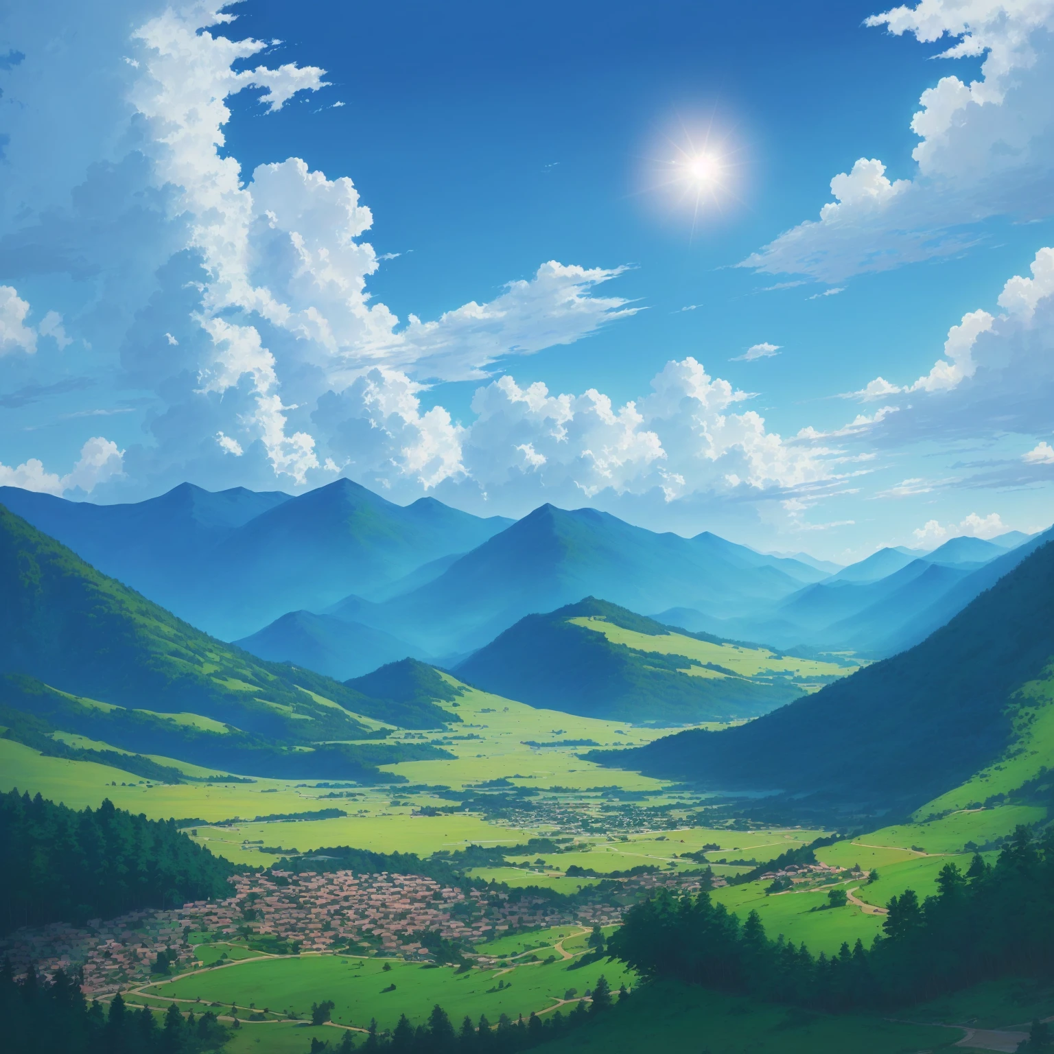 a painting of a mountain valley with the sun shining on it, beautiful cenário de アニメ, Paisagem rural de アニメ, paisagem de アニメ, Natureza dos アニメs, Linda cena de アニメ, cenário de アニメ, paisagem de アニメ wallpaper, アニメ linda cena de paz, Fundo de アニメ, Fundo de アニメ art, Natureza dos アニメs wallpap, beautiful fluffy clouds. アニメ, very very beautiful scenery, very very very beautiful scenery