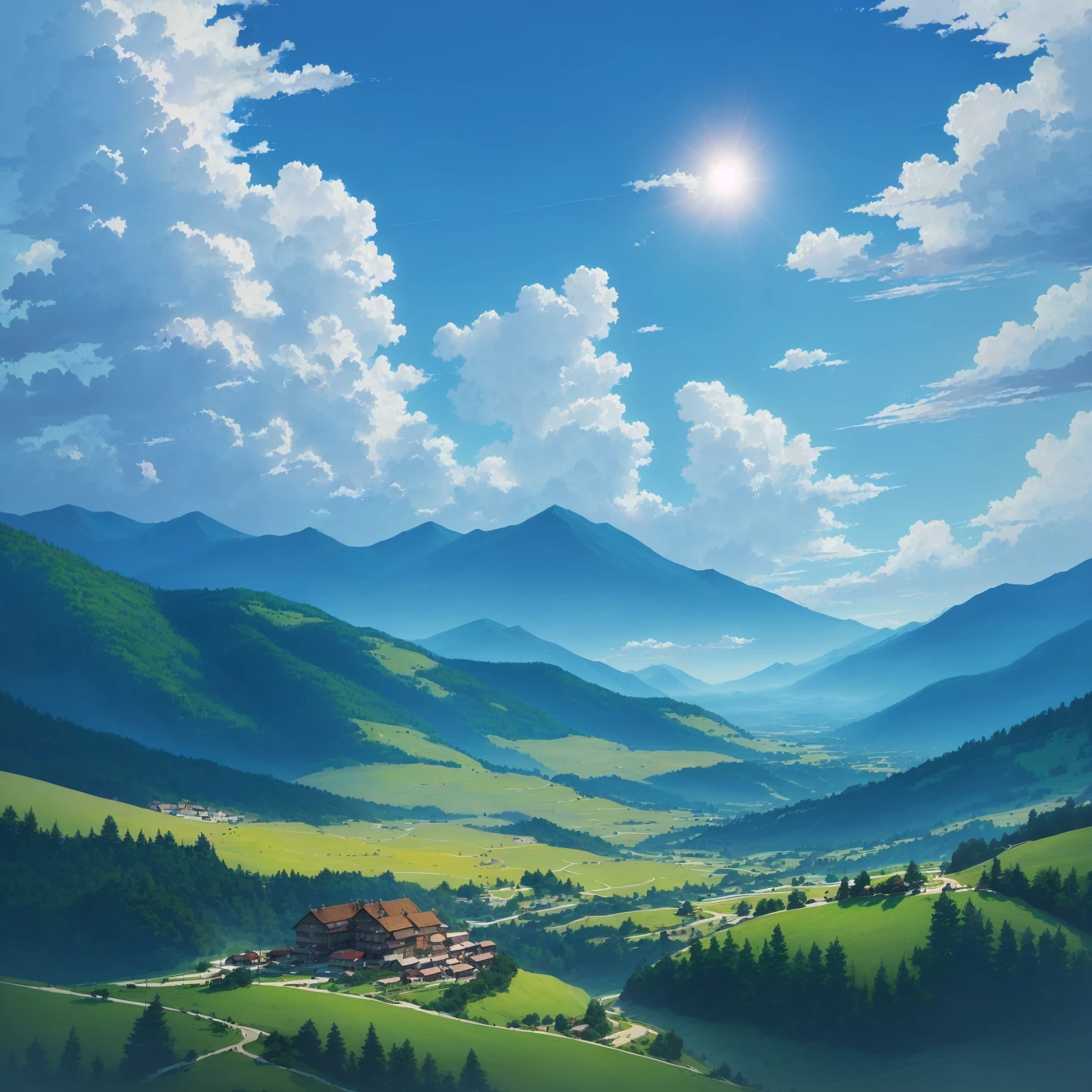 a painting of a mountain valley with the sun shining on it, beautiful cenário de アニメ, Paisagem rural de アニメ, paisagem de アニメ, Natureza dos アニメs, Linda cena de アニメ, cenário de アニメ, paisagem de アニメ wallpaper, アニメ linda cena de paz, Fundo de アニメ, Fundo de アニメ art, Natureza dos アニメs wallpap, beautiful fluffy clouds. アニメ, very very beautiful scenery, very very very beautiful scenery