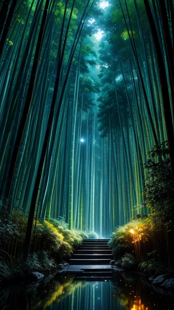 Bamboo forest in the dark night, Delicate and sharp, film production, Soft interior lighting, Many small fireflies flying, Holographic Flash, Vibrant colors, Fantastic rainbow reflection, Metallic luster, The balance between pitch-black darkness and shiny particles, Sharp and delicate, Watercolor style CG, High contrast, Perfectly tuned Octane rendering, Dramatic chiaroscuro, Antiretroviral therapy, Extreme aesthetics,
