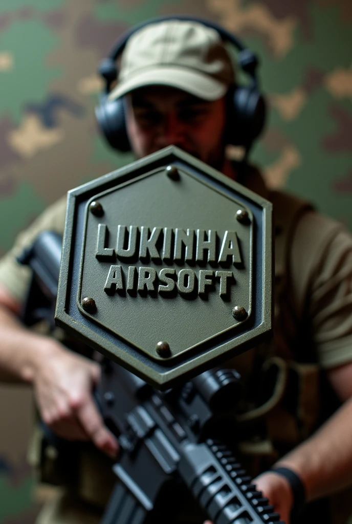 Create Cliché, Rubber patch, hexagonal coat of arms shield with name Lukinha Airsoft,Camouflage background, operator therefore an m4 rifle with a cap and headset