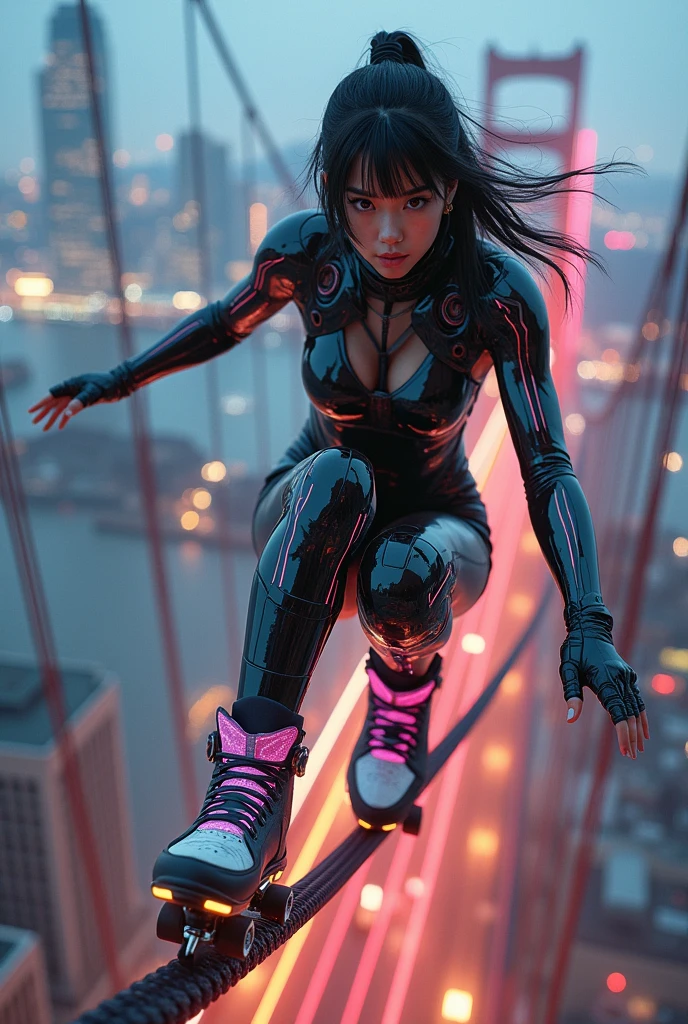 photo-realistic, ultra-realistic, very beautiful Japanese futuristic soldier, famous Japanese idol, 25 years old, dramatic scene, masterpiece, beautiful eyes, roller skating on the top wire of golden gate bridge, skyscrapers, (cyber punk glossy mecha armor suits with neon sign), acrobatic pose, dynamic angle, dangerous place, (face focus),