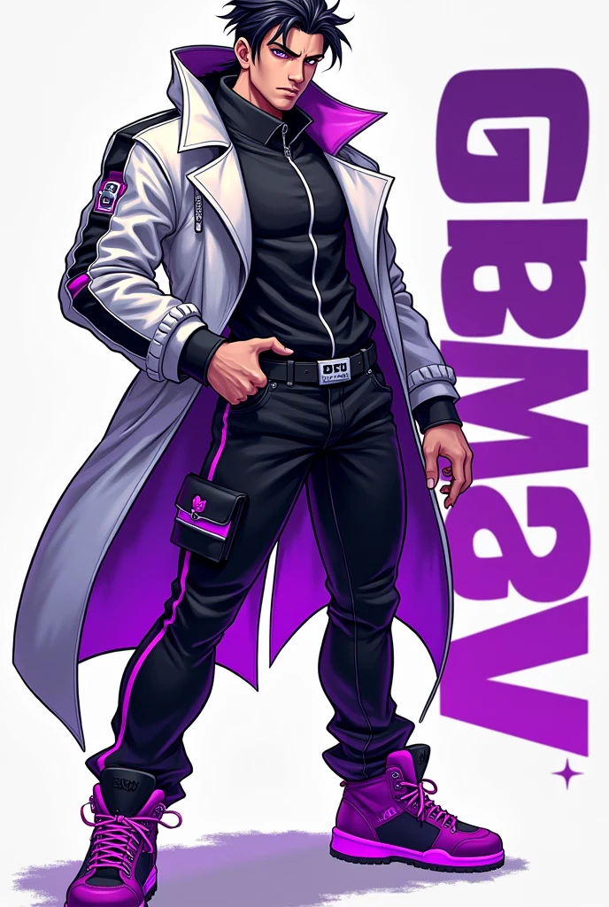 An image of a very flashy and bright male shooter character with the word Gaw and the name positioned straight to the right side of the image with colors between, blackw,branco e roxo 