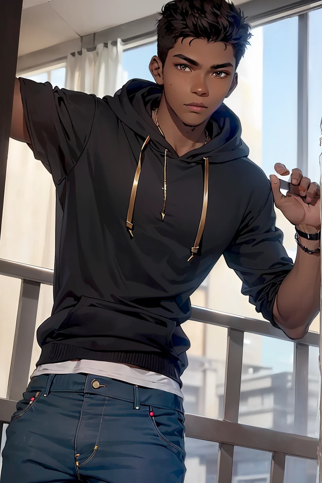 (Young 17-year-old boy, with average physical appearance and a height of 1.80 m. (dark skin color: 2.0), his face has a youthful oval shape. His eyes are brown and his hair is short, black and curly. His His face has mixed facial features, with a thick, flat nose, and a large but slightly thin mouth. His build is athletic and very average for a 17-year-old ager, with a very average build. , but his eyes shine with a contained energy. His presence is imposing and magnetic, drawing the attention of everyone around him.),(Wearing),+,(a uniform in your size that consists of a black hoodie with bousos and blue pants and a red Jordan)
