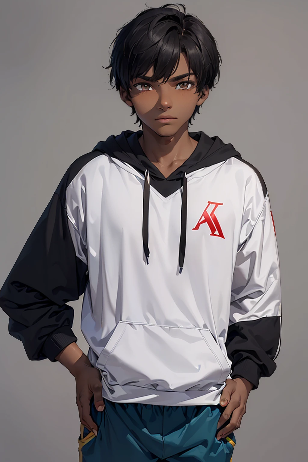 (Young 17-year-old boy, with average physical appearance and a height of 1.80 m. (dark skin color: 2.0), his face has a youthful oval shape. His eyes are brown and his hair is short, black and curly. His His face has mixed facial features, with a thick, flat nose, and a large but slightly thin mouth. His build is athletic and very average for a 17-year-old teenager, with a very average build. , but his eyes shine with a contained energy. His presence is imposing and magnetic, drawing the attention of everyone around him.),(Wearing),+,(a uniform in your size that consists of a black hoodie with bousos and blue pants and a red Jordan)