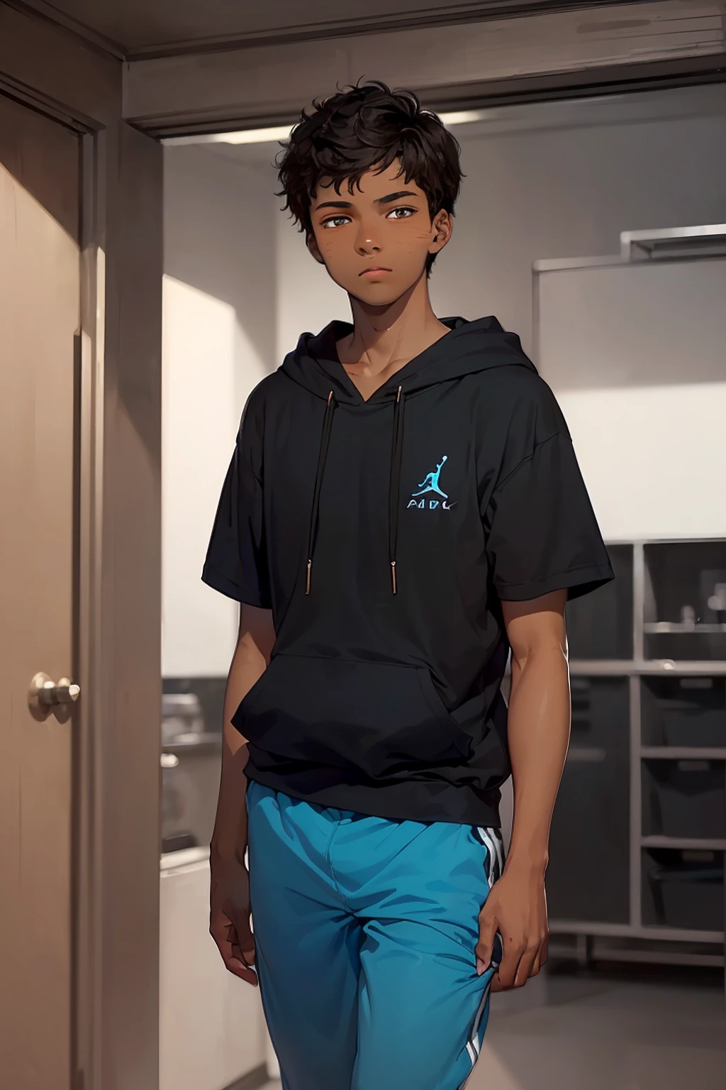(Young 17-year-old boy, with average physical appearance and a height of 1.80 m. (dark skin color: 2.0), his face has a youthful oval shape. His eyes are brown and his hair is short, black and curly. His His face has mixed facial features, with a thick, flat nose, and a large but slightly thin mouth. His build is athletic and very average for a 17-year-old teenager, with a very average build. , but his eyes shine with a contained energy. His presence is imposing and magnetic, drawing the attention of everyone around him.),(Wearing),+,(a uniform in your size that consists of a black hoodie with bousos and blue pants and a red Jordan)