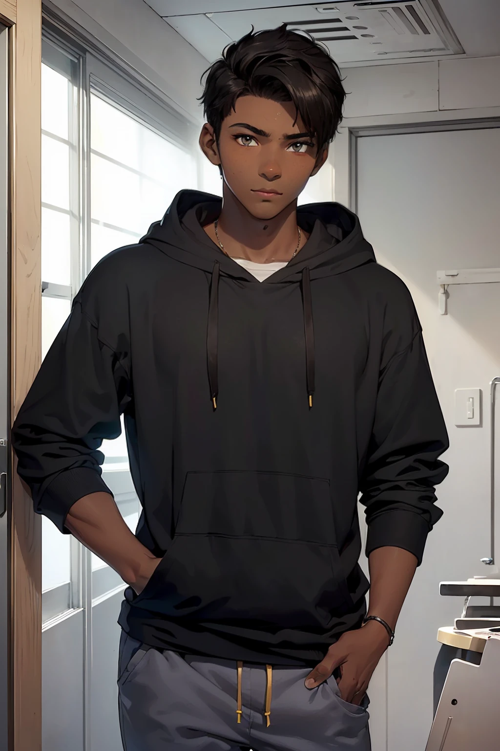 (Young 17-year-old boy, with average physical appearance and a height of 1.80 m. (dark skin color: 2.0), his face has a youthful oval shape. His eyes are brown and his hair is short, black and curly. His His face has mixed facial features, with a thick, flat nose, and a large but slightly thin mouth. His build is athletic and very average for a 17-year-old teenager, with a very average build. , but his eyes shine with a contained energy. His presence is imposing and magnetic, drawing the attention of everyone around him.),(Wearing),+,(a uniform in your size that consists of a black hoodie with bousos and blue pants and a red Jordan)  