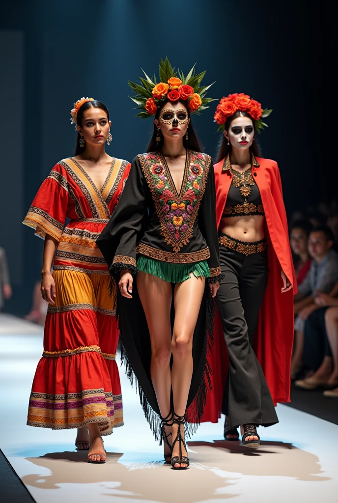 Fashion catwalk with three models, one dressed in Mexican independence clothes, another with a Halloween costume and another one with a catrina, modeling