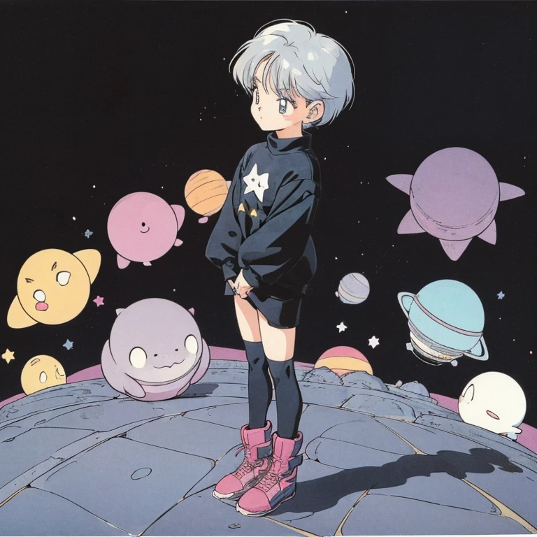 ((a cute girl)),gray hair,medium　short hair,black sweater,full body,flat fill,analogue,1990s,comic,Simple line art,retro anime,many colorful stars,night,space、no gravity,takahashi rumiko,simple、Very cute design、print,Simple Background、Paul Klee、mysterious