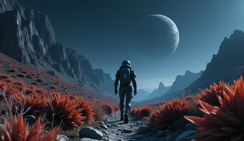 A handheld shot from behind of a man wearing a futuristic spacesuit walking on a valley on a distant planet filled with alien plants with hills on left and right side of the scene. Floating rocks scattered around levitating above ground. It's night time and the sky is pitch black full of stars and planets. Inspired from IMAX FILMS. Realistic, hyperrealism, high resolution, extreme quality, volumetric lighting, high resolution, 4k hdr