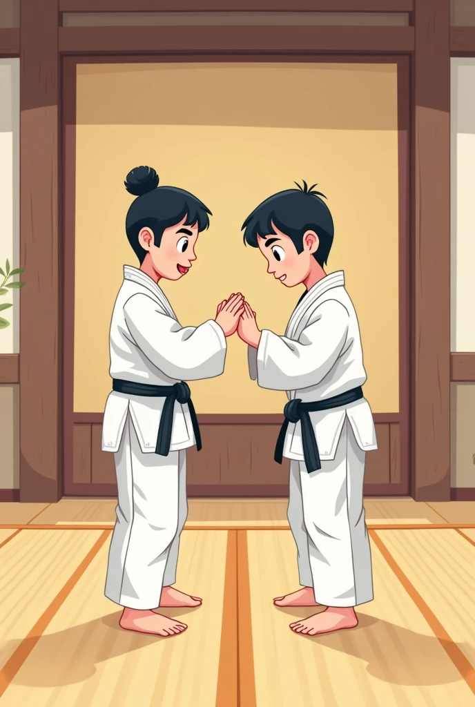 Simple cartoon style illustration of martial artists greeting each other in a dojo 