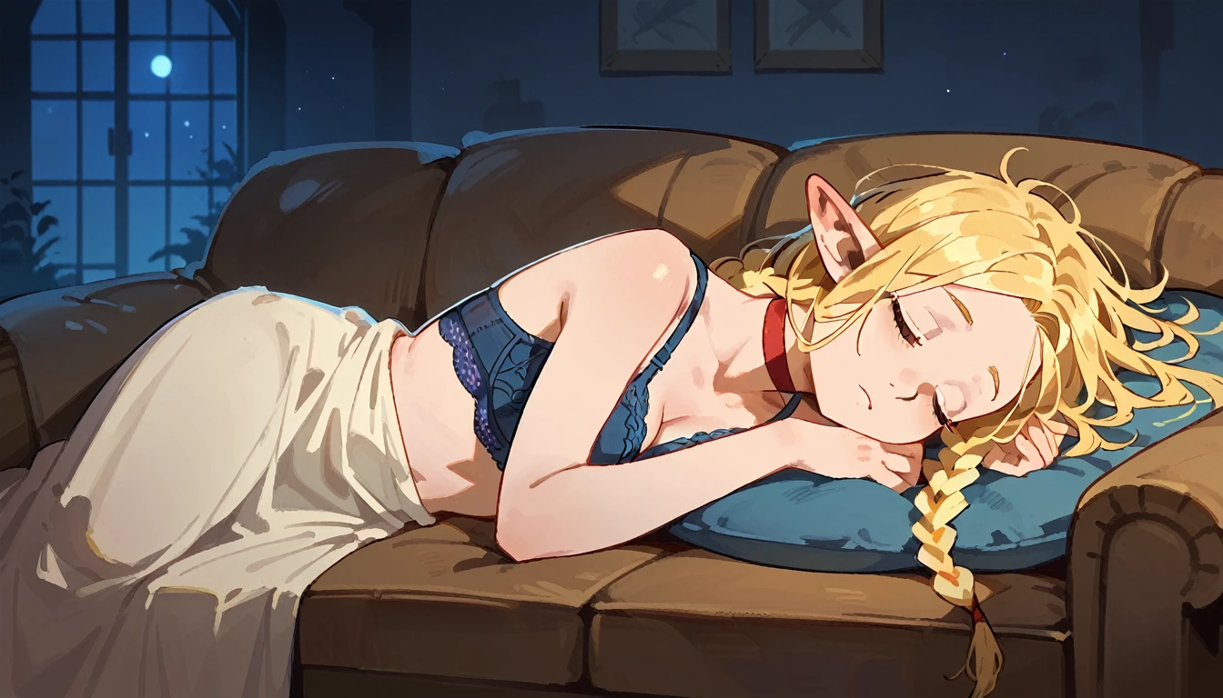 1girl, night time, laying down on a sofa, front view, sleeping, glowing, twin braids, red choker, marcille donato, parted bangs, blonde hair, elf, blue laced bra, messy hair