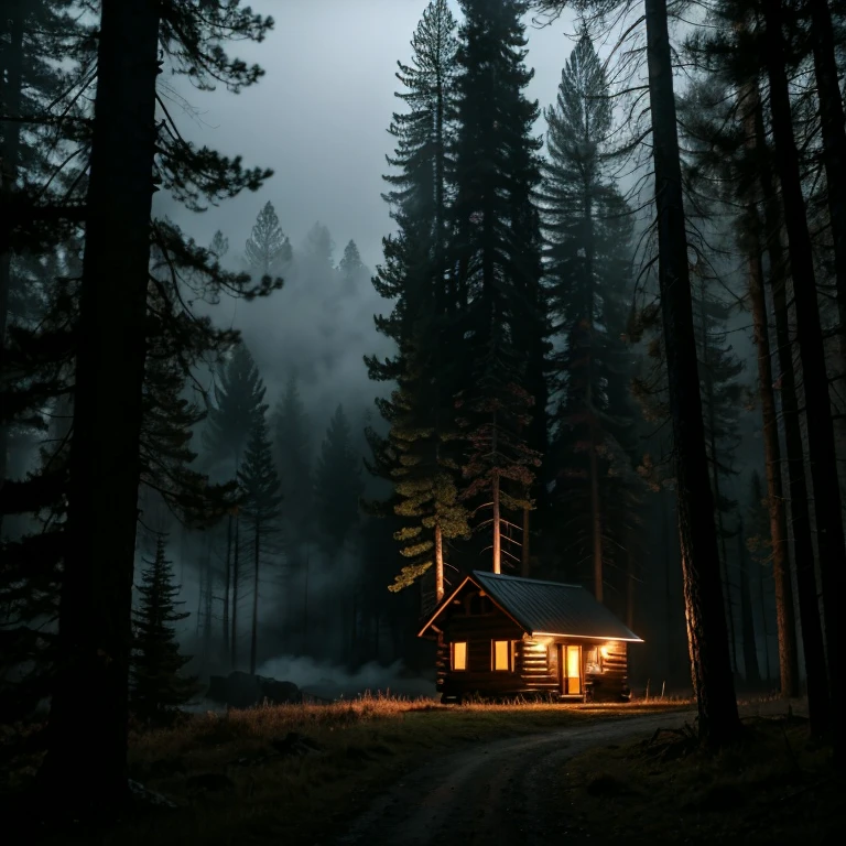cinematographic frame, Cabin in the woods, heavy atmosphere , evening, volumetric fog, horror movie lighting